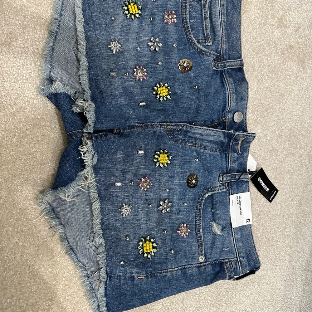 Express Blue Denim Shorts with Floral Embellishments